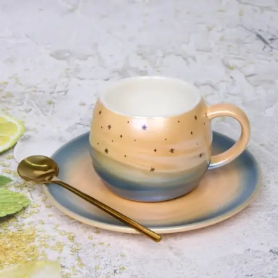 Чайная пара «Маленький космос» (кружка 240мл, блюдце, ложка) оранжевый