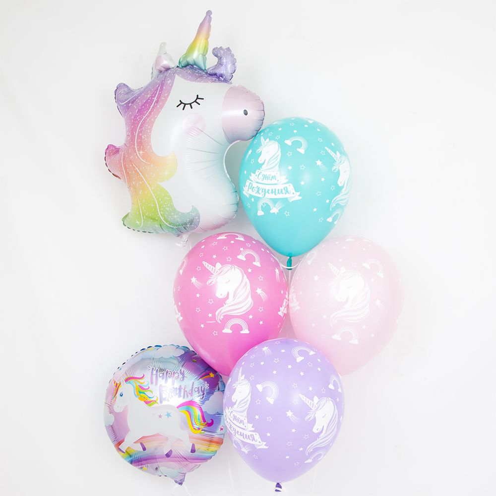Шар (18"/46 см) Круг, С Днем Рождения! (единорог)