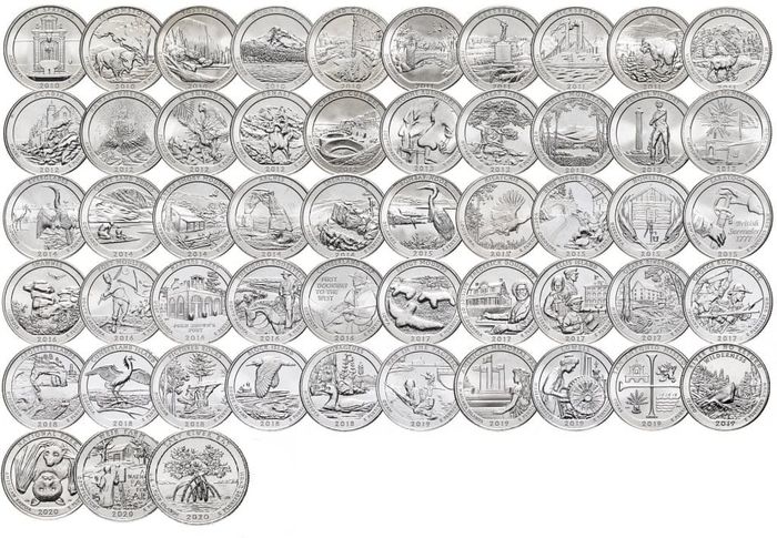 Набор 25 центов (квотеров) США "Парки США" 2010-2021 двор D (56 монет)