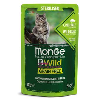 Влажный корм Monge Cat BWild GRAIN FREE для стерилизованных кошек, беззерновой, из мяса дикого кабана с овощами, паучи 85 г - 28 шт