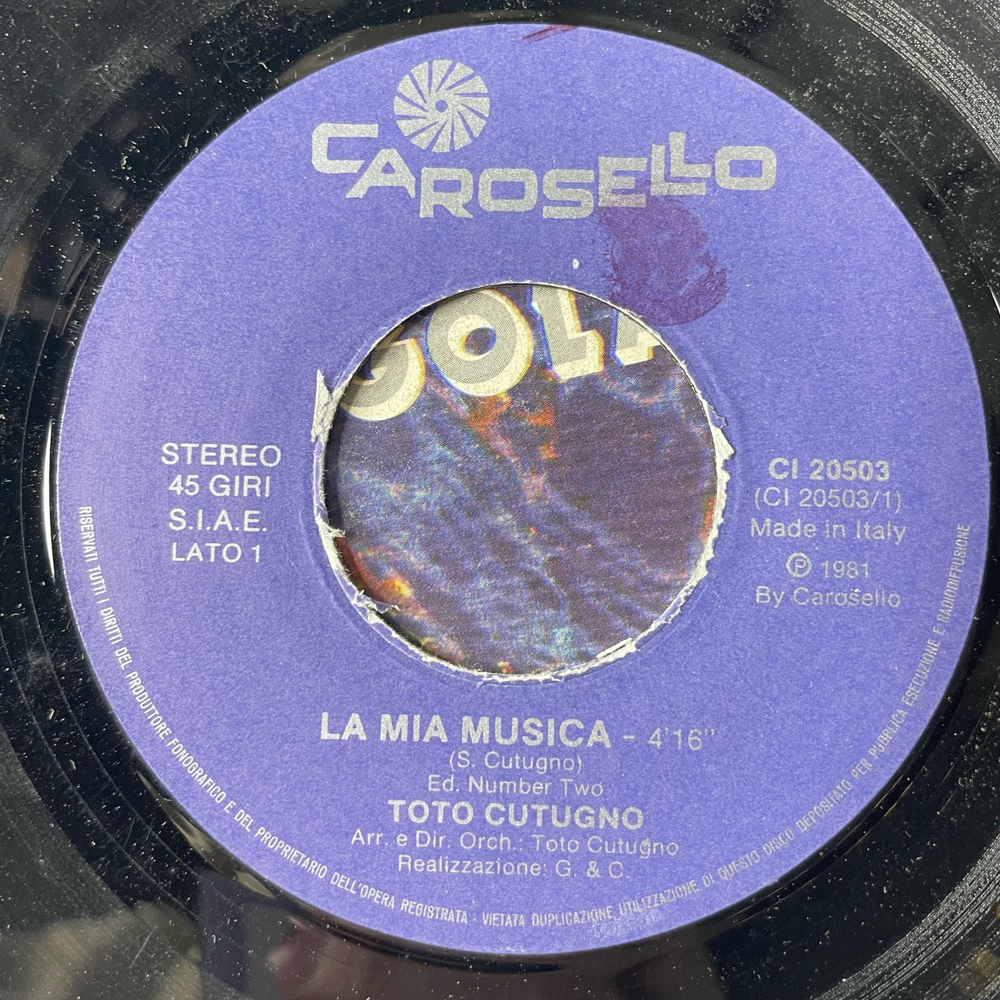 Винтажная виниловая пластинка 7 дюймов (маленькая пластинка) Toto Cutugno La Mia Musica (Италия 1981)