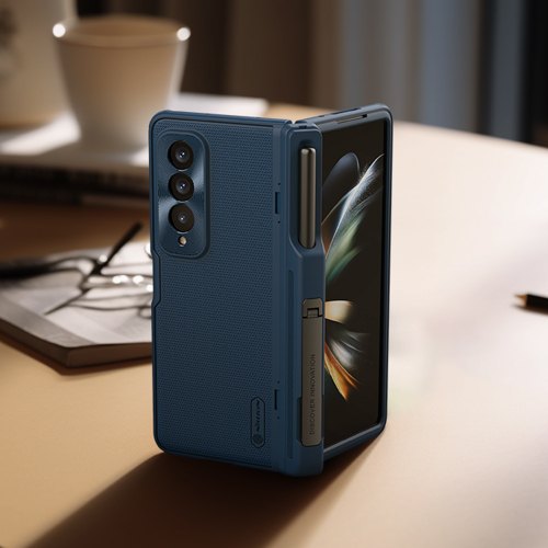 Чехол синего цвета на Samsung Galaxy Z Fold 4 5G от Nillkin, серия Super Frosted Shield Fold, в комплекте со съемным держателем для S Pen