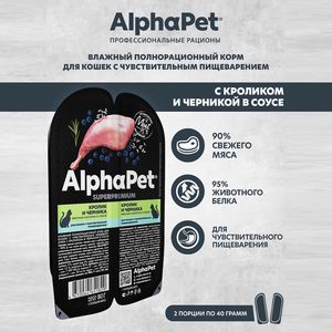 Влажный корм AlphaPet Superpremium для кошек с чувствительным пищеварением «Кролик и черника мясные кусочки в соусе»