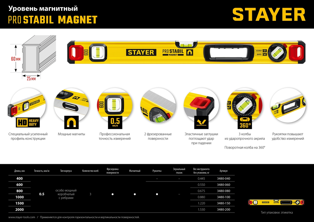 STAYER ProStabil Magnet 800 мм уровень магнитный с двумя фрезерованными поверхностями