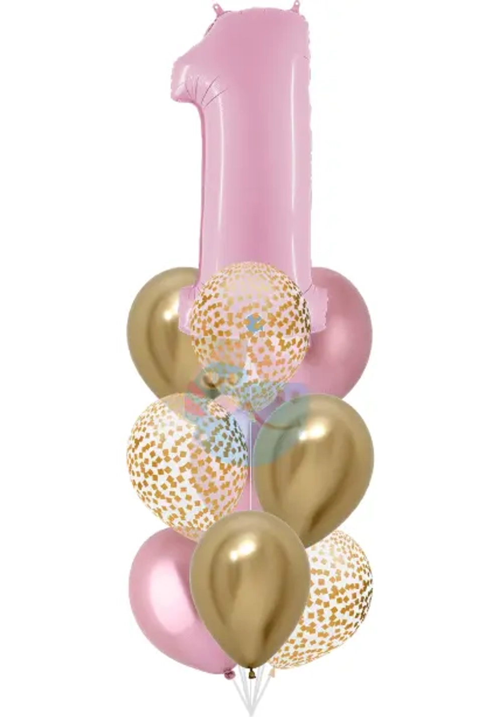 Фонтан c розовой цифрой «1» из 10 воздушных шаров с гелием
