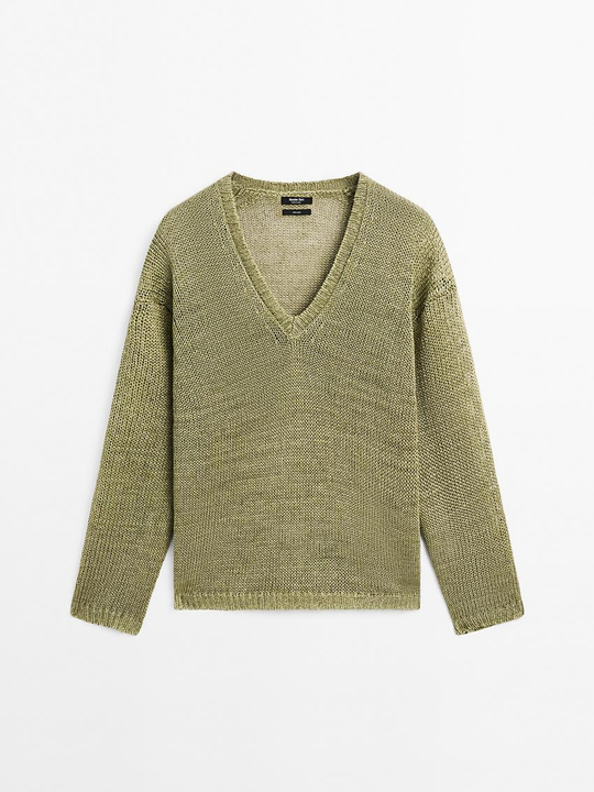 Massimo Dutti Свитер из 100% льна ажурной вязки, фисташковый