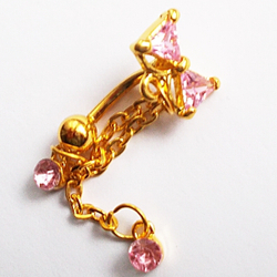 Украшение для пирсинга пупка "Бантик" с розовыми кристаллами. Медицинская сталь, золотое анодирование