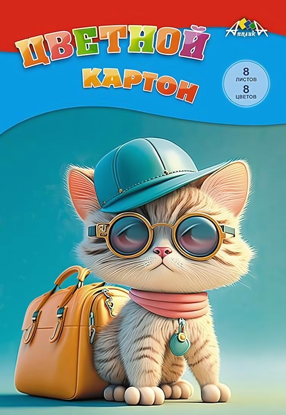 Картон цветной А4 8л, 8цв "Крутой Котенок" в папке (Апплика)