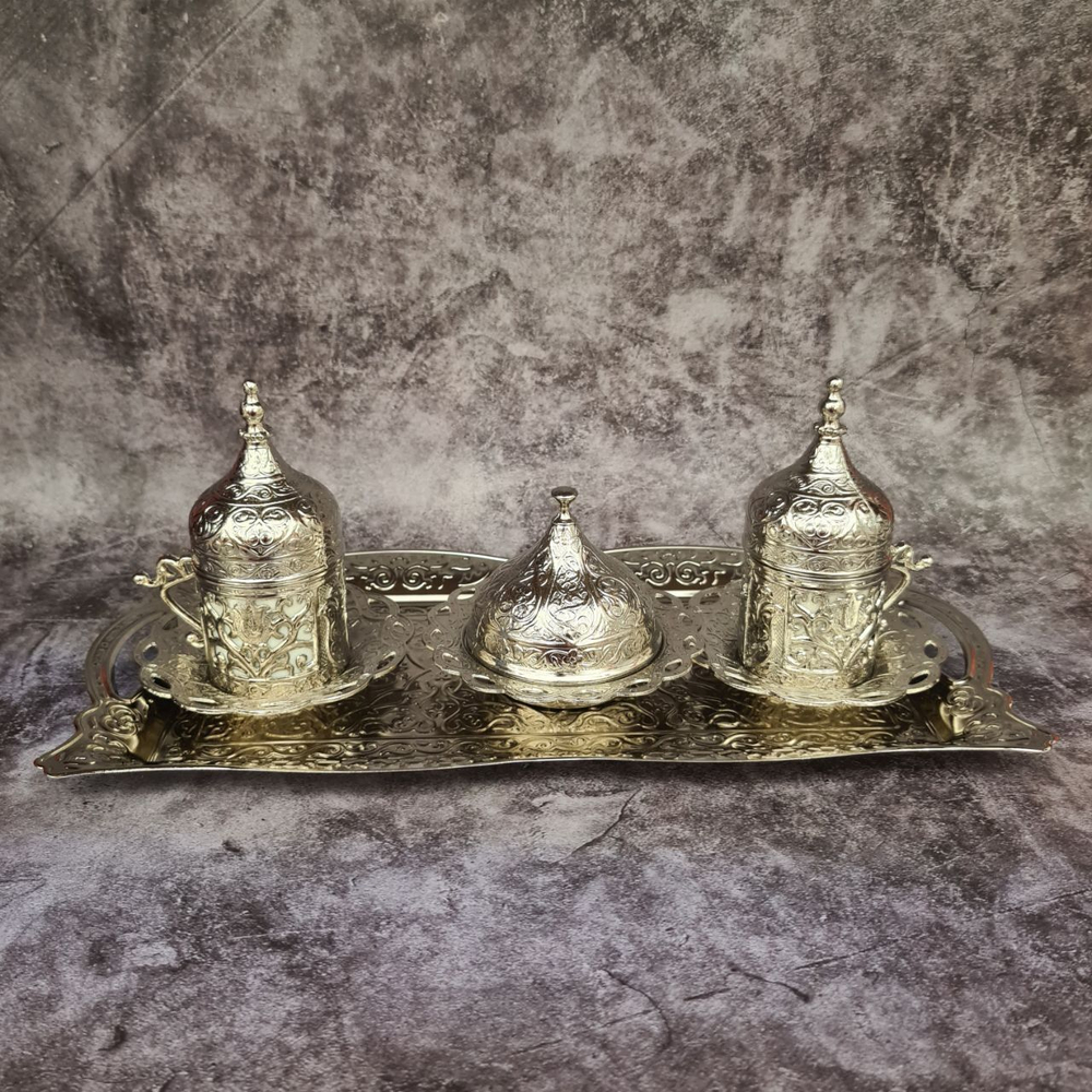 Кофейный набор "Купол" на 2 персоны с лукумницей и подносом/ACAR. Турция (серебристый)