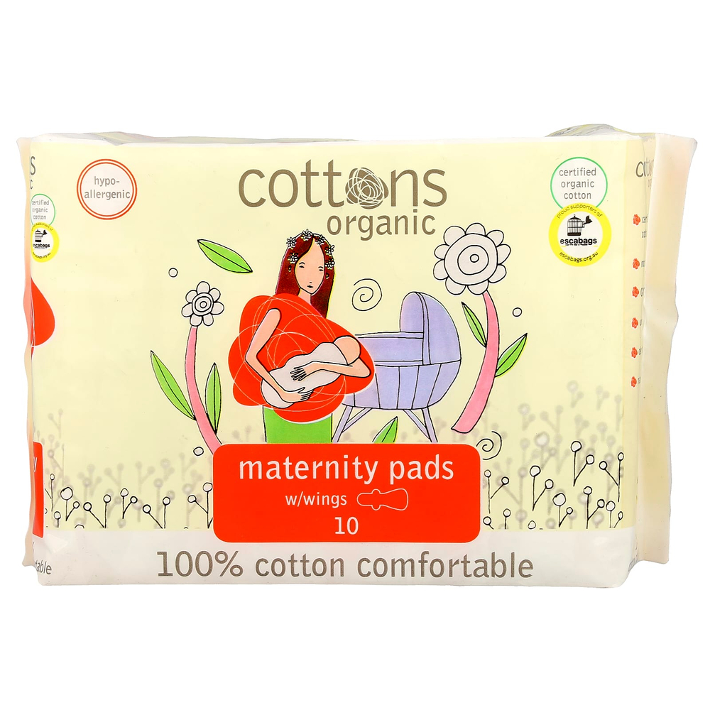 Cottons, Комфортные прокладки для беременных с крыльями, 100% хлопок, плотные, без запаха, 10 прокладок