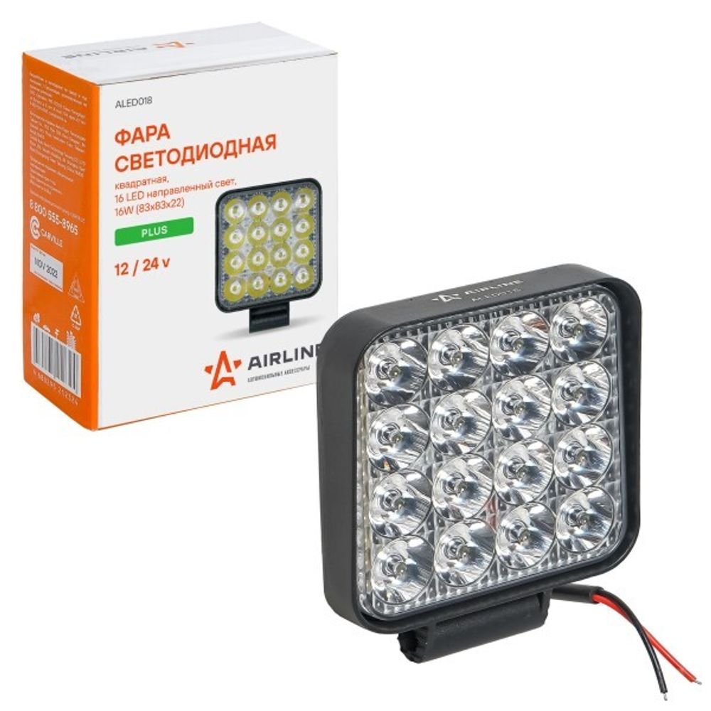 Фара светодиодная дополнительная 16 LED 16W 12-24V (квадрат) 83*83*22 направленный свет, PLUS (AIRLINE)