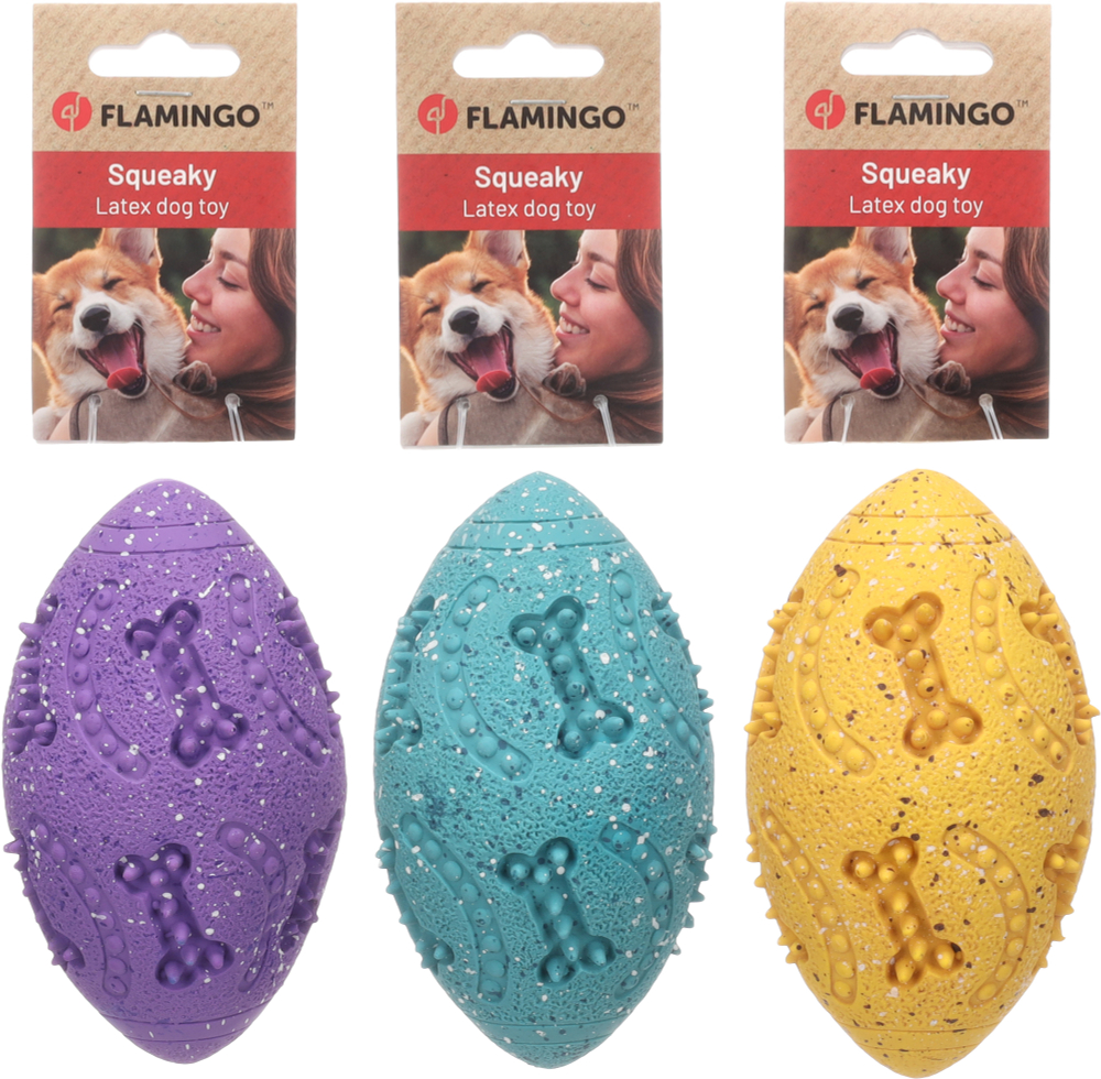 Игрушка для собак "Мячик для регби" Flamingo, с пищалкой, 14 х 8 см, латекс, в ассортименте