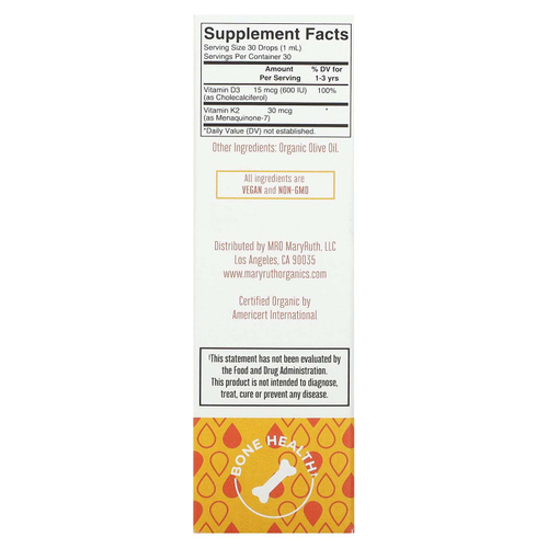 MaryRuth's, Органические жидкие капли с витаминами D3 и K2 для малышей, для детей от 1 до 3 лет, без добавок, 30 мл (1 жидк. унц.)