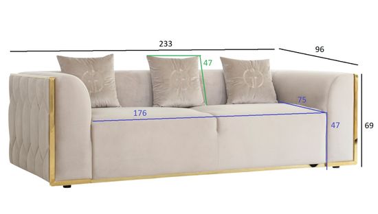 102AN-DIV-9173-BEG Диван Bern трехместный, велюр бежевый 233*96*69см