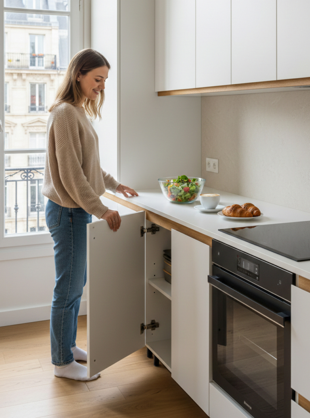 Кухонный модуль напольный 80х45х83, Валенсия, 2 двери без столешницы, с дубовой панелью, на ножках / белый, массив дуба, Dipriz