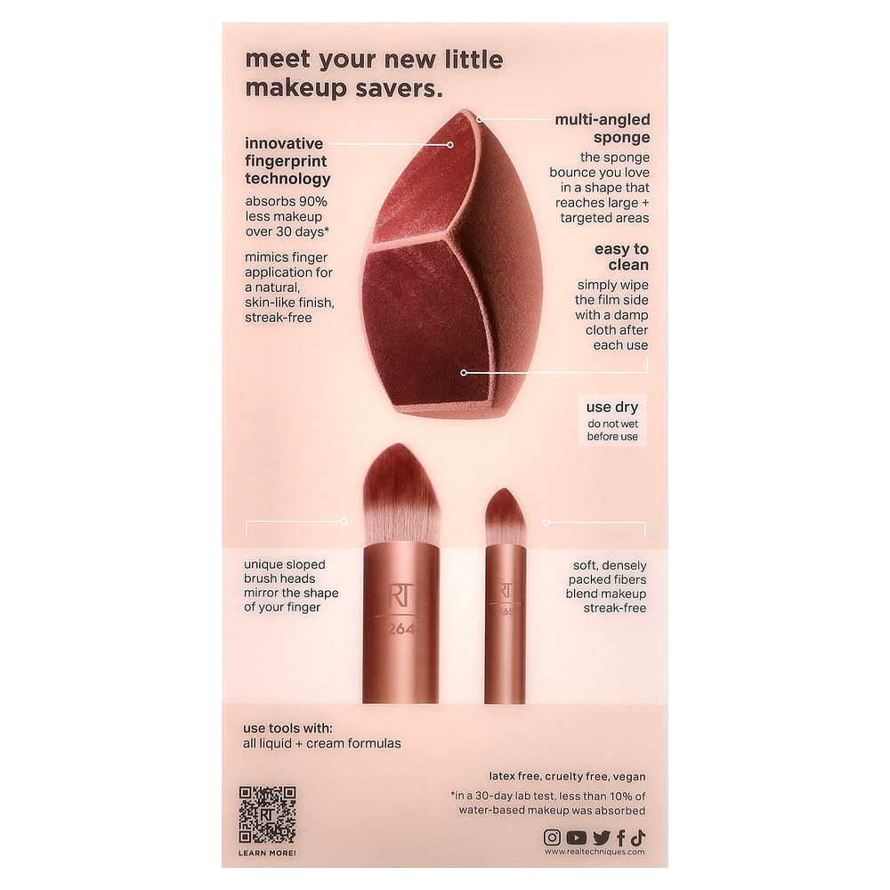 Real Techniques, Makeupsaver, спонж и кисть для макияжа, набор из 3 предметов