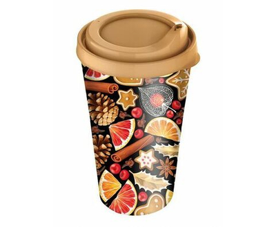 Стакан с крышкой 550мл с декором (бежевый)