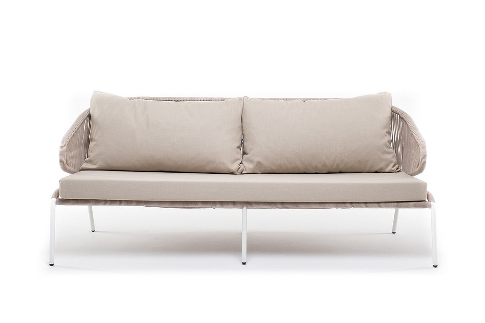 "Милан" диван 3-местный плетеный из роупа, каркас алюминий белый муар, роуп бежевый круглый, ткань бежевая 15052