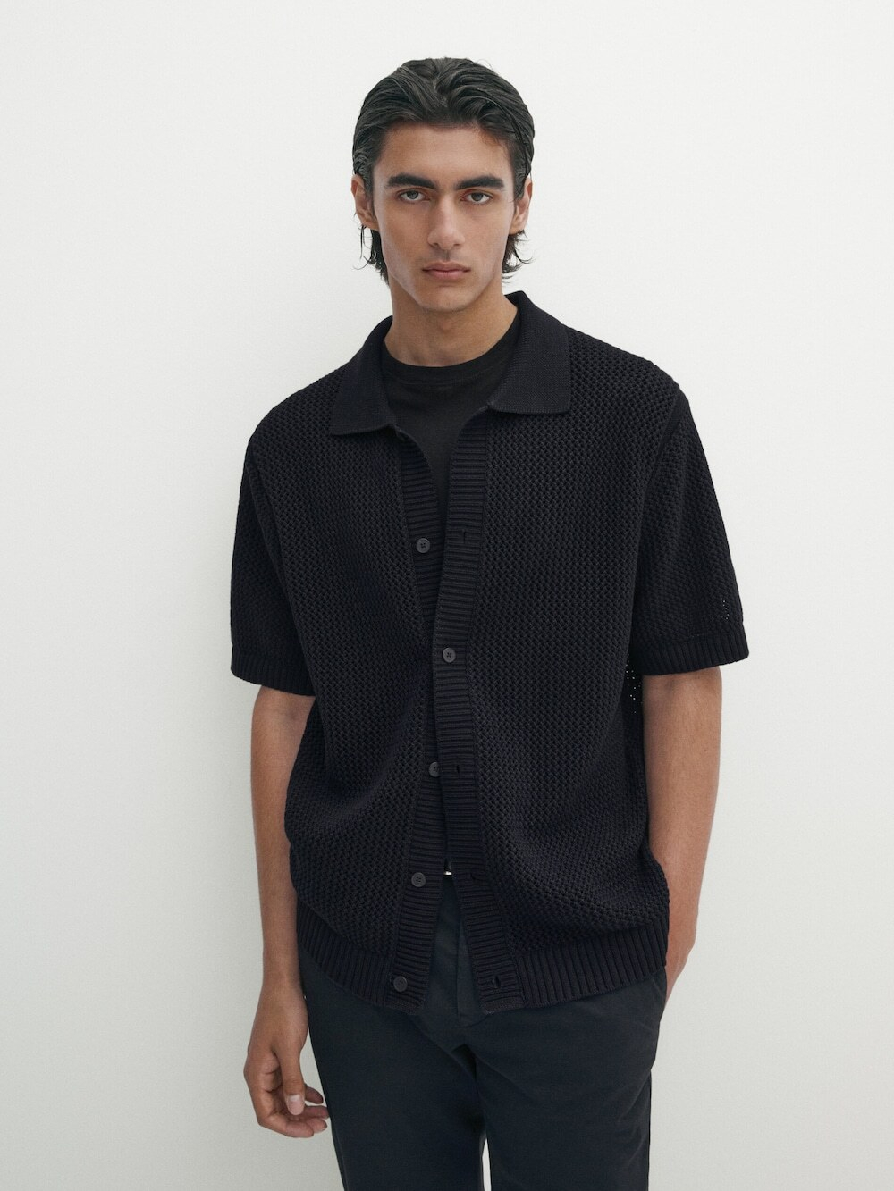 Massimo Dutti Кардиган с ажурным и пуговицами, темно-синий