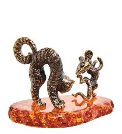 Народные промыслы AM-3075 Фигурка «Кот и Мышь задира» (латунь, янтарь)