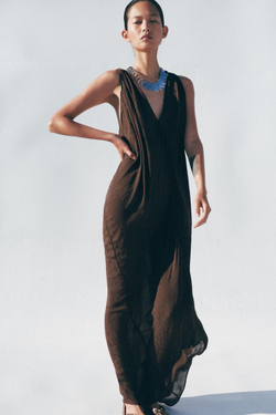 ZARA ЖАККАРДОВОЕ ПЛАТЬЕ МИДИ — ZW COLLECTION, ШОКОЛАДНЫЙ