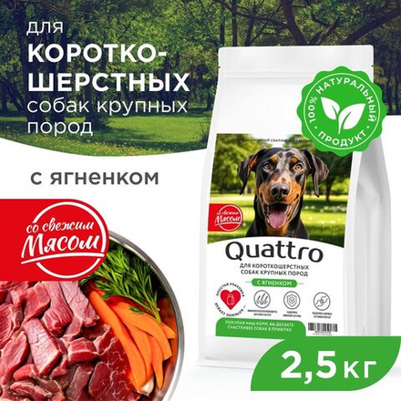 Корм сухой для взрослых собак крупных пород, премиум полнорационный комплекс, для короткошерстных собак, с ягненком, 2,5 кг, QUATTRO
