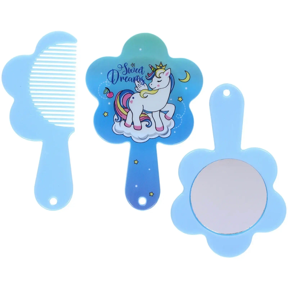 Расческа с зеркалом в наборе детские «МИМИШКИ», единорог, цвет голубой, 11см