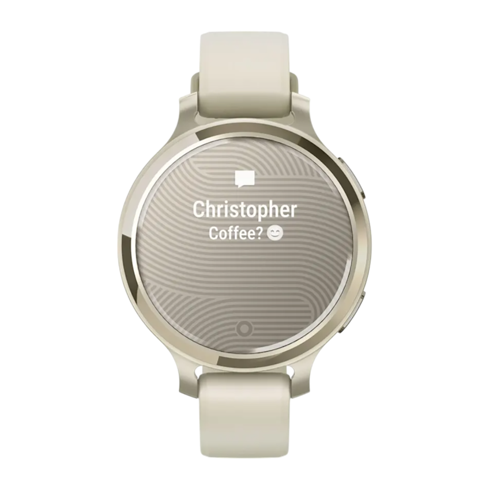 Спортивные часы Garmin Lily 2 Active, силиконовый ремешок цвета кости Алюминиевый безель цвета «лунное золото», стекло Gorilla Glass. Ремешок с классической застёжкой — на запястье обхватом 110–175 мм