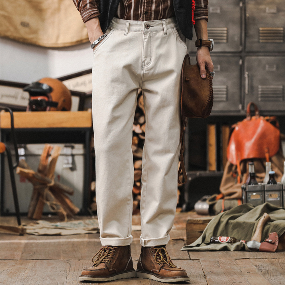 Американские ретро- белые джинсы для мужчин, свободные прямые брюки