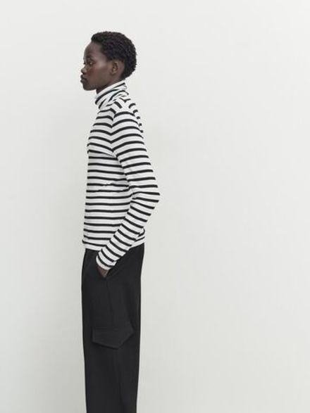 Massimo Dutti Футболка в полоску с высоким воротником и длинными рукавами, натуральный, кремовый