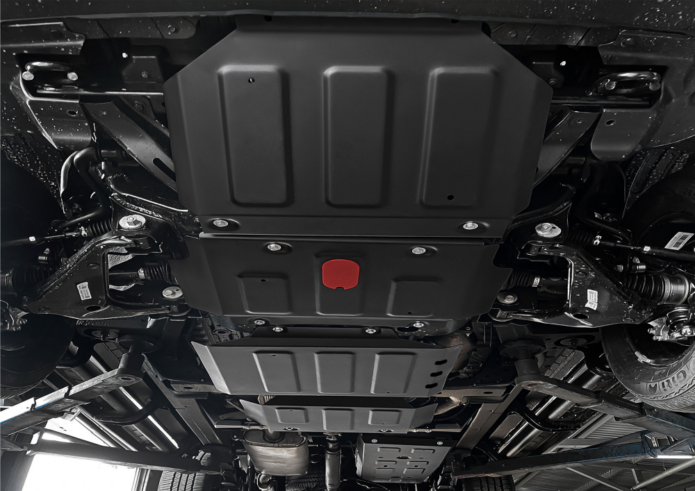 Защита радиатора, картера, КПП, РК и топливного бака АвтоБроня для JAC T9 АКПП 4WD 2024-н.в., сталь 1.8 мм, с крепежом, штампованная, 5 частей, K111.09216.1