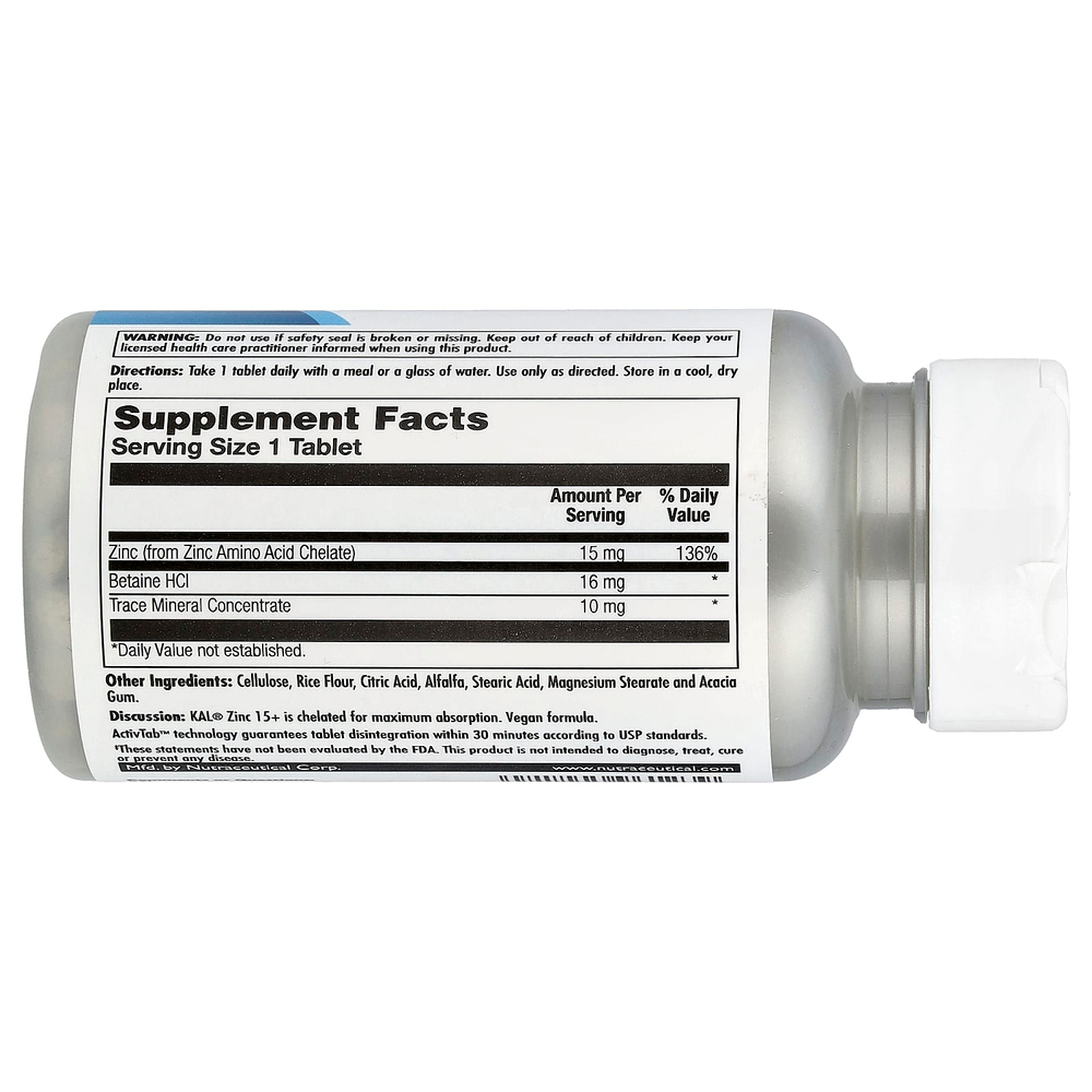 KAL, Цинк 15+ с гидрохлоридом бетаина и микроэлементами, 100 таблеток