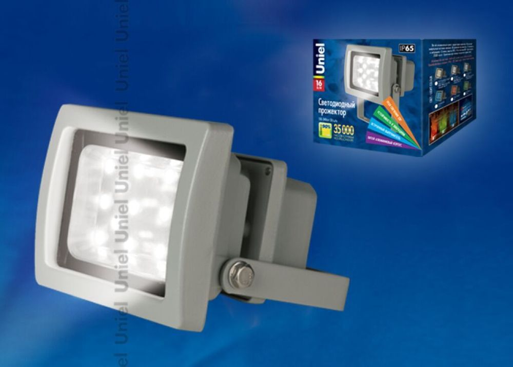 ULF-S03-16W/NW IP65 110-240В Прожектор светодиодный. Корпус серый. Цвет свечения белый. Степень защиты IP65. Картонная упаковка