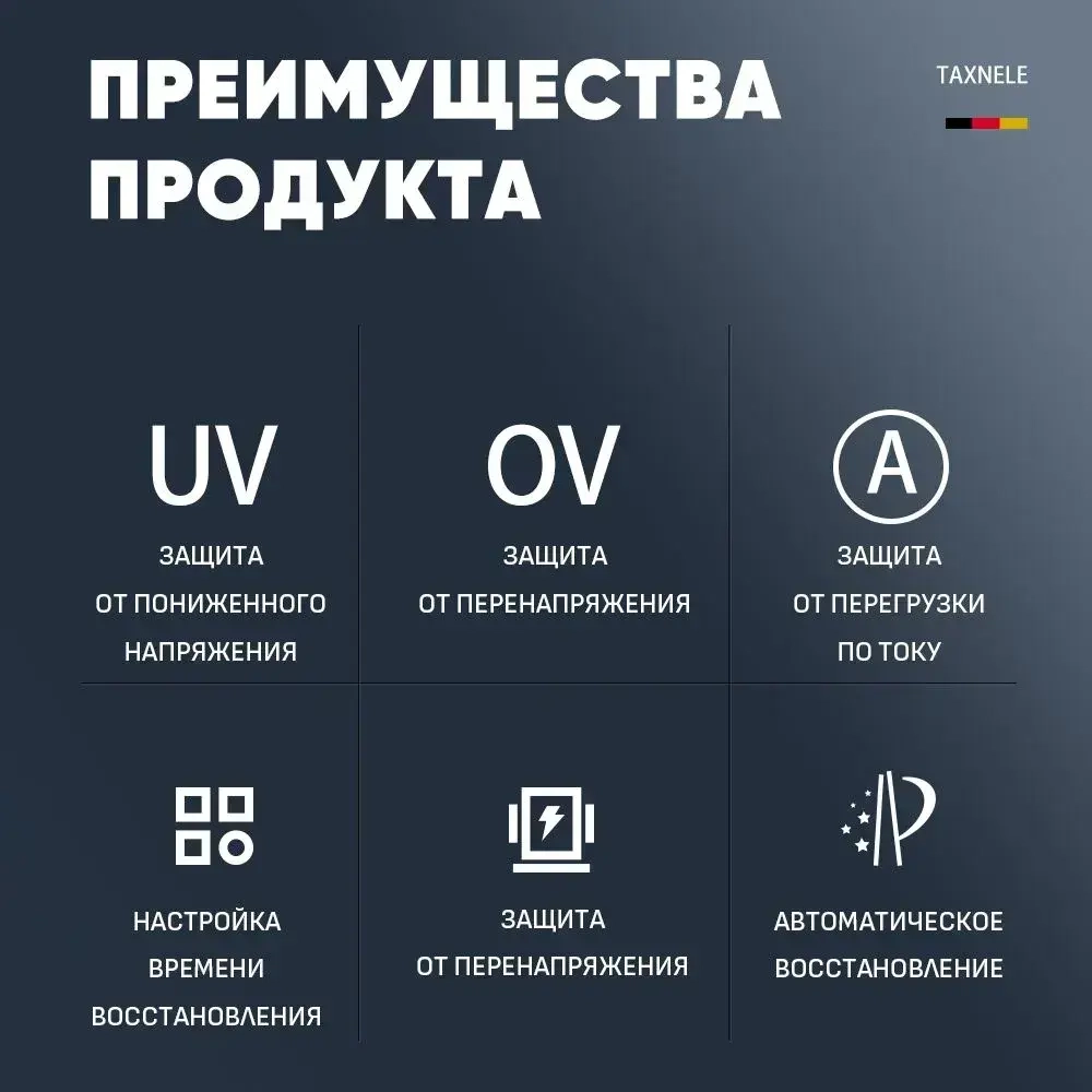 Реле контроля напряжения в розетку с защитой по напряжению и току (16А) / Автоматический выключатель TAXNELE 1P 16А для защиты бытовых приборов от скачков и перегрузки по току