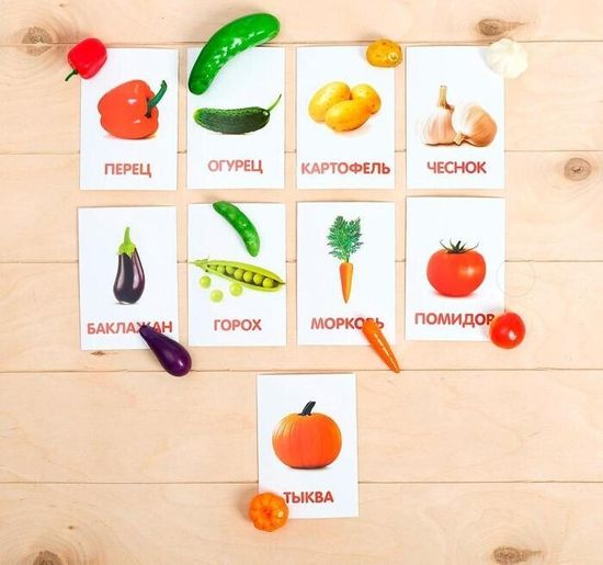 Обучающий набор по методике Г. Домана "Овощи": 9 карточек + 9 овощей, счётный материал