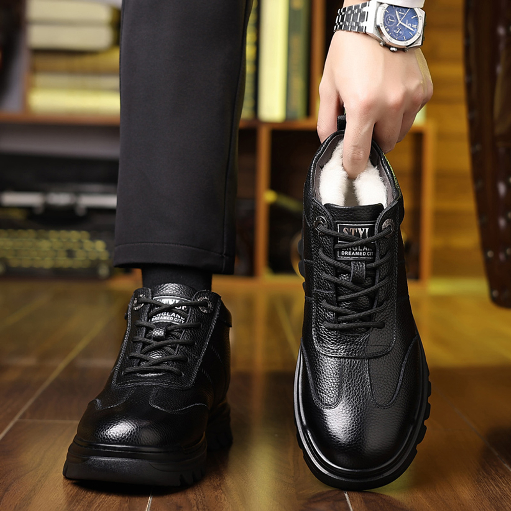 CHENGSHILUOTUO Top Grain Cow Leather Mid top Elderly Insulated Shoes Men"s