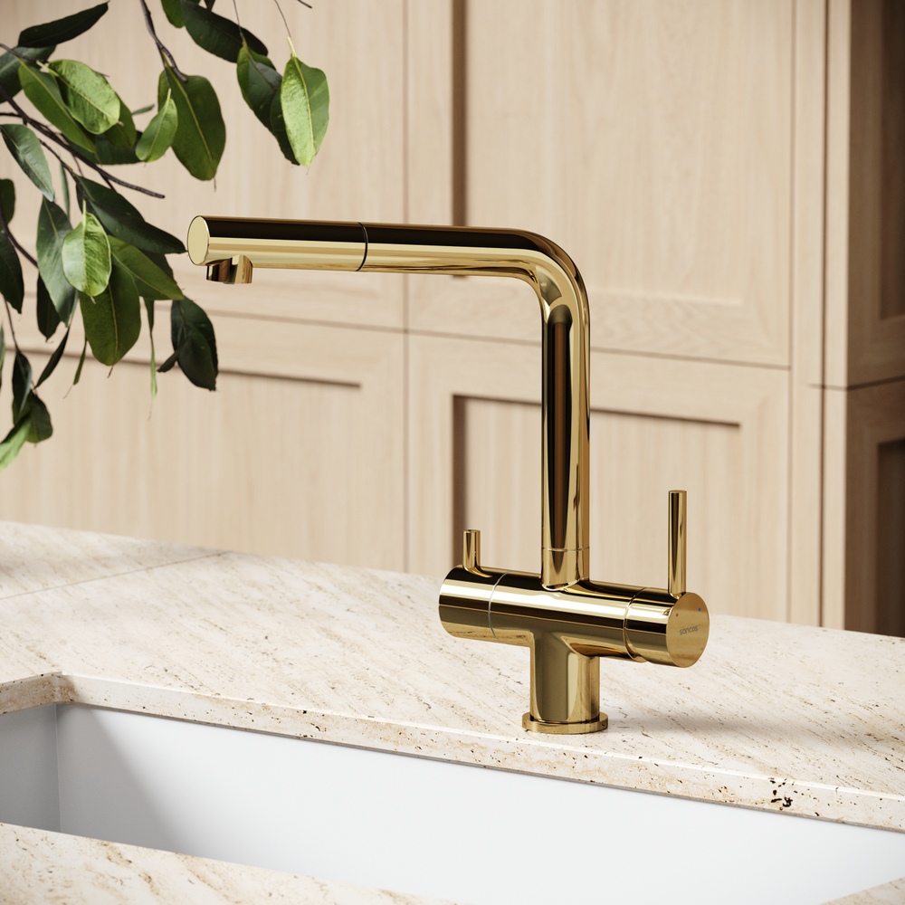 Смеситель для кухни Sancos Spin с вытяжным изливом, краном для фильтра, полированное золото, SC4015ZG