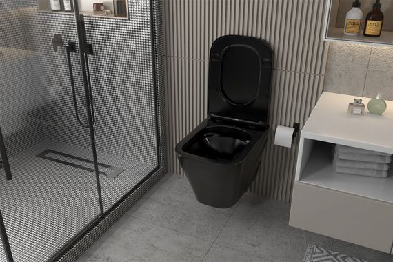 Комплект подвесной унитаз ABBER Rechteck AC1201MB черный матовый с инсталляцией AC0105 и кнопкой AC0120MW белая матовая