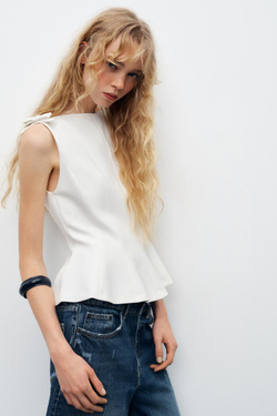 ZARA ТОП С БАСКОЙ И БАНТАМИ, БЕЛЫЙ