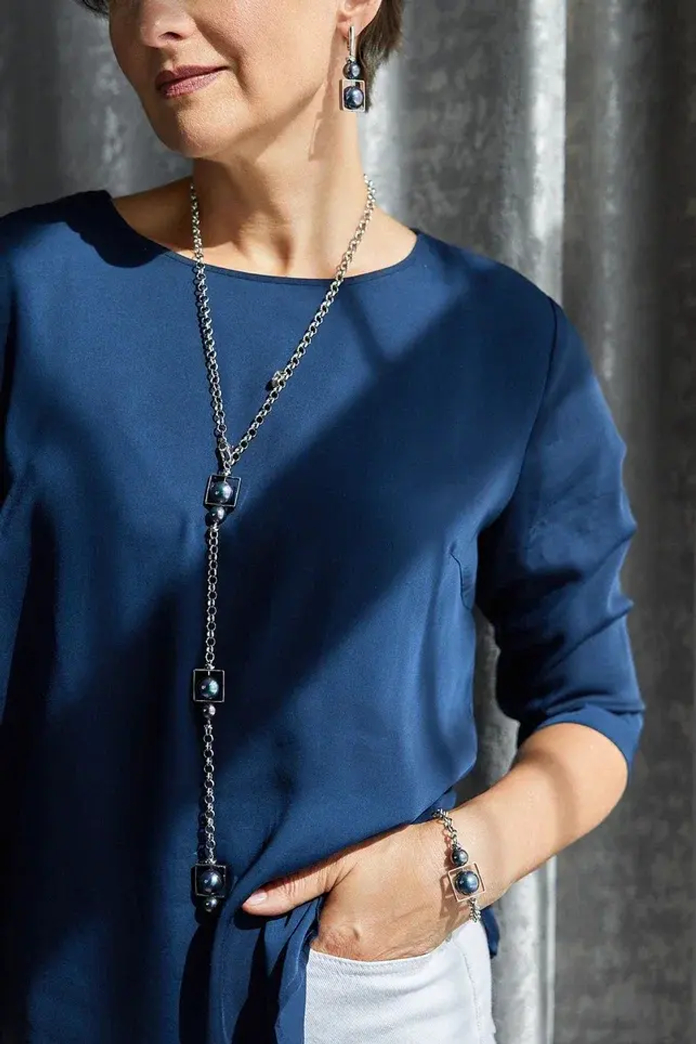 Колье-трансформер miss Di серебро с темным бензиновым жемчугом Майорка