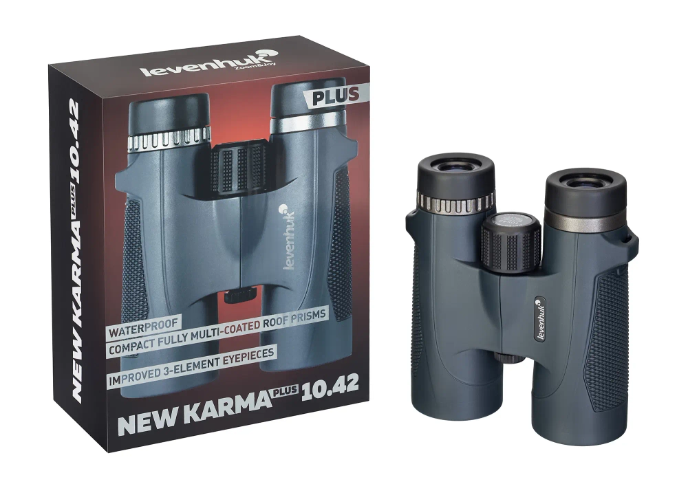 Бинокль Levenhuk New Karma PLUS 10x42 рядом с упаковкой