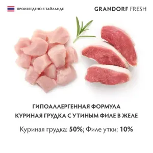 Консервы GRANDORF Fresh для кошек и котят, куриная грудка с утиным филе в желе
