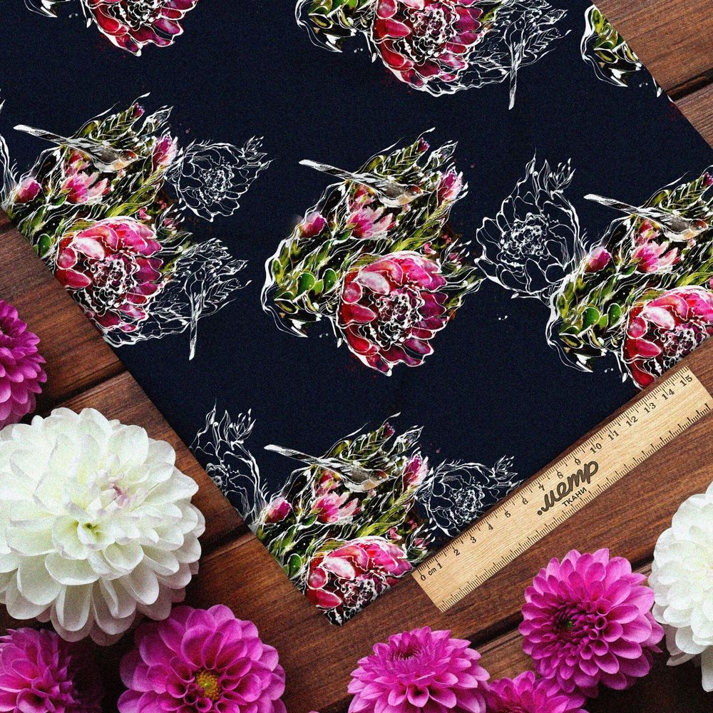 Ткань оксфорд 600 цветы розовые с белым контуром