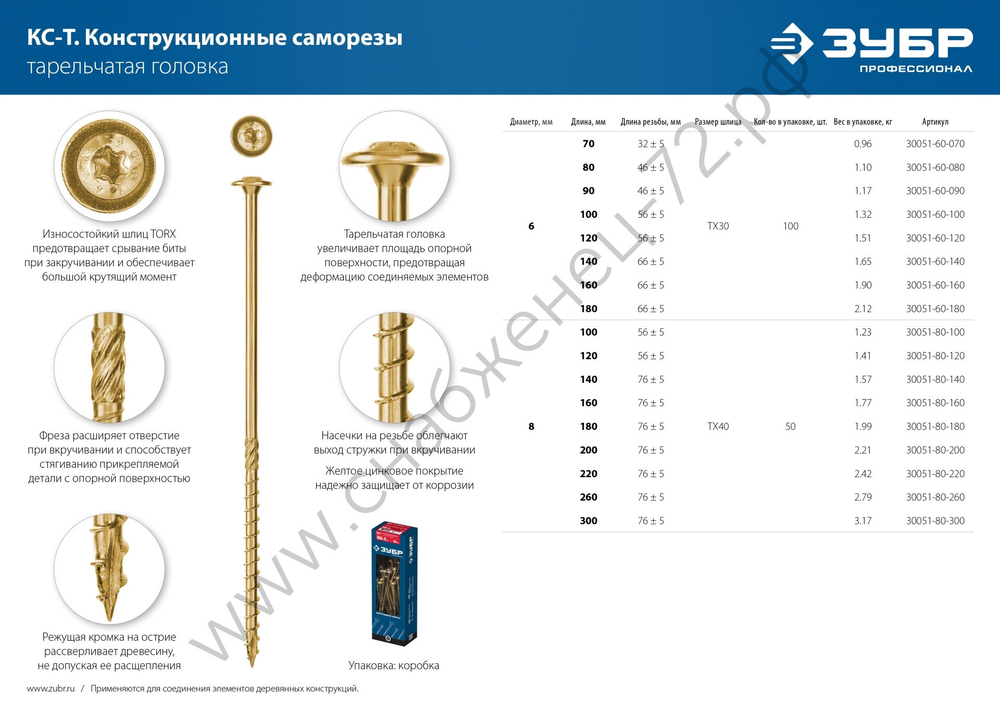 ЗУБР КС-Т 220 х 8.0 мм, TX40, тарел, конструкционный саморез, желтый цинк, 50 шт (30051-80-220)