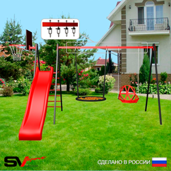 Уличные качели Sv Sport с горкой УК193.1КВ2 (3.7м/Щит баскет/Гнездо 100см/Со спинкой/Подвесы на втулке 2к)