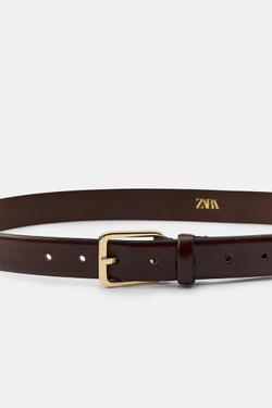 ZARA РЕМЕНЬ ИЗ 100% КОЖИ С КВАДРАТНОЙ ПРЯЖКОЙ, КОРИЧНЕВЫЙ