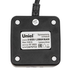 S-GCD2-1.5SBUH BLACK Удлинитель серии Standard. с-з. шнур 1.5м. 2 гнезда. 3 USB. 16А. держатель для телефона. Черный. ТМ Uniel