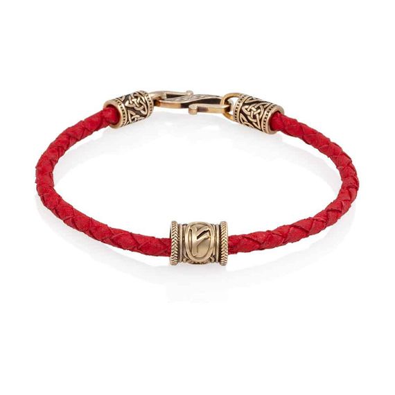 Браслет гайтан красный 3 мм с руной Феху Бронза, вид спереди