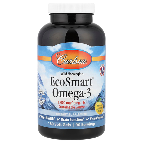 Carlson, EcoSmart®, омега-3 из норвежских морепродуктов дикого улова, с натуральным лимонным вкусом, 180 капсул
