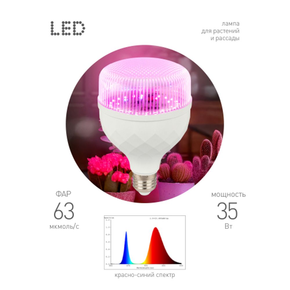 Фитолампа для растений светодиодная ЭРА GREEN LINE ФИТО-35W-PL-E27-GR красно-синего спектра 35 Вт Е27 | Фитолампы Е27